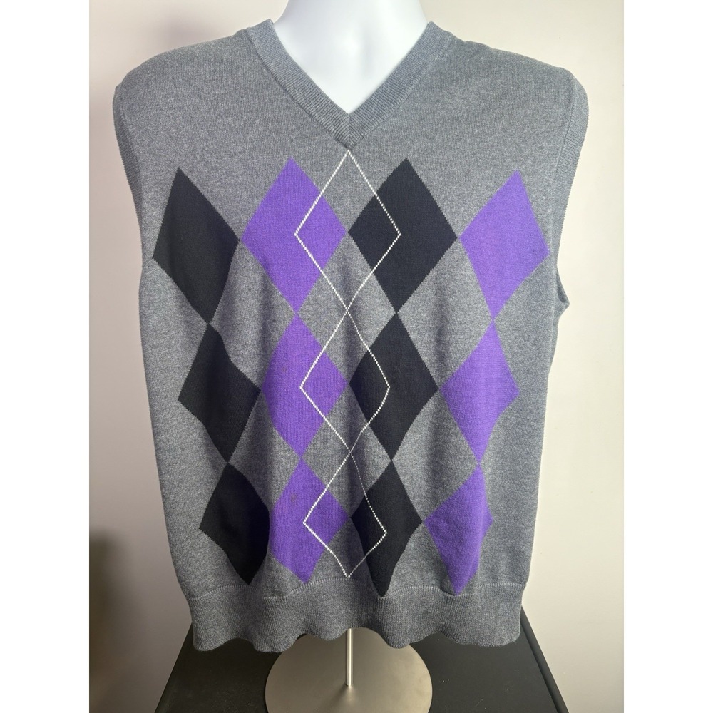 Pro Tour Men's Argyle Sleeveless Sweater Vest Size XL Gray With Black & Purple